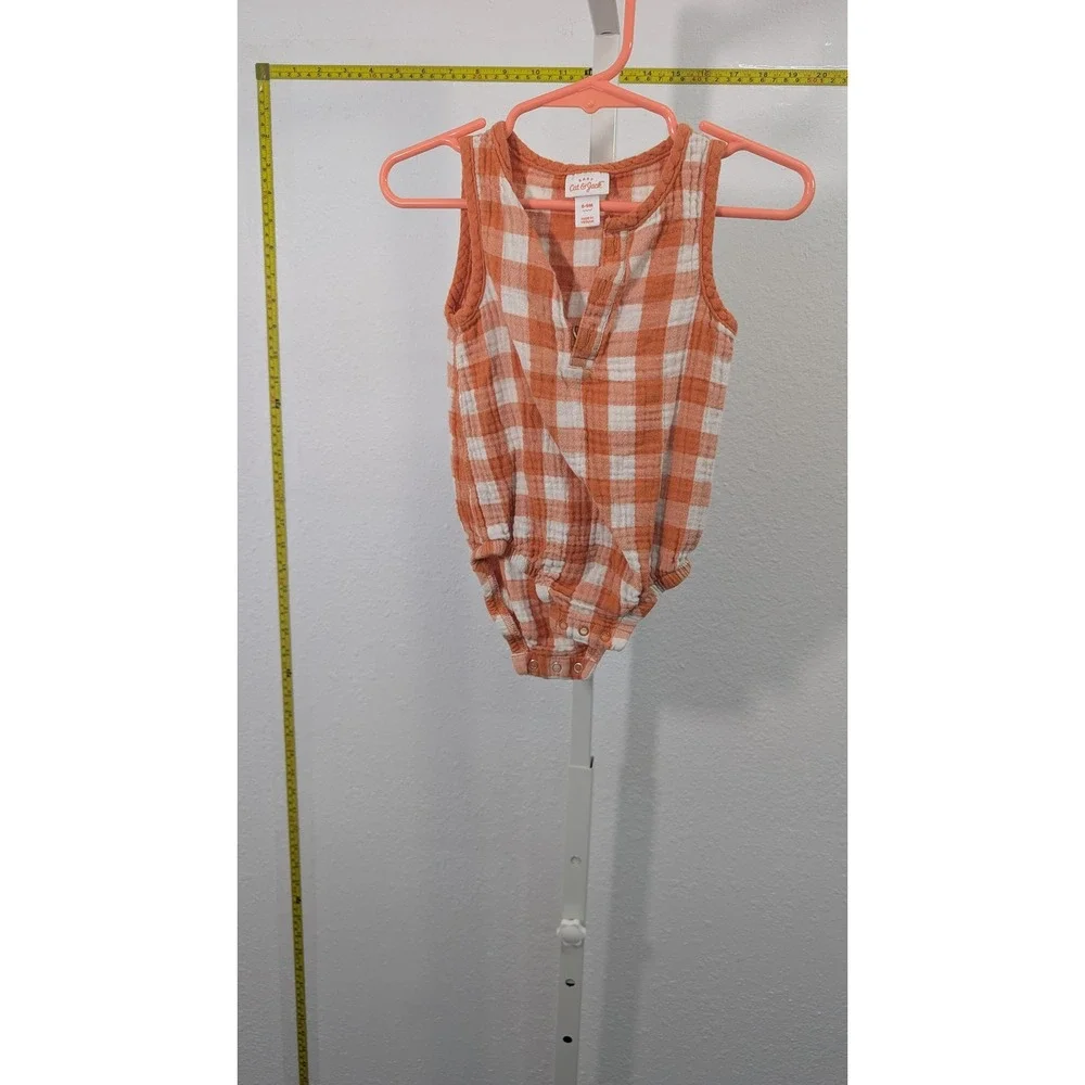 Cat &‎ Jack Baby Orange White Buffalo Plaid Gauze Henley Romper 6-9 Months
